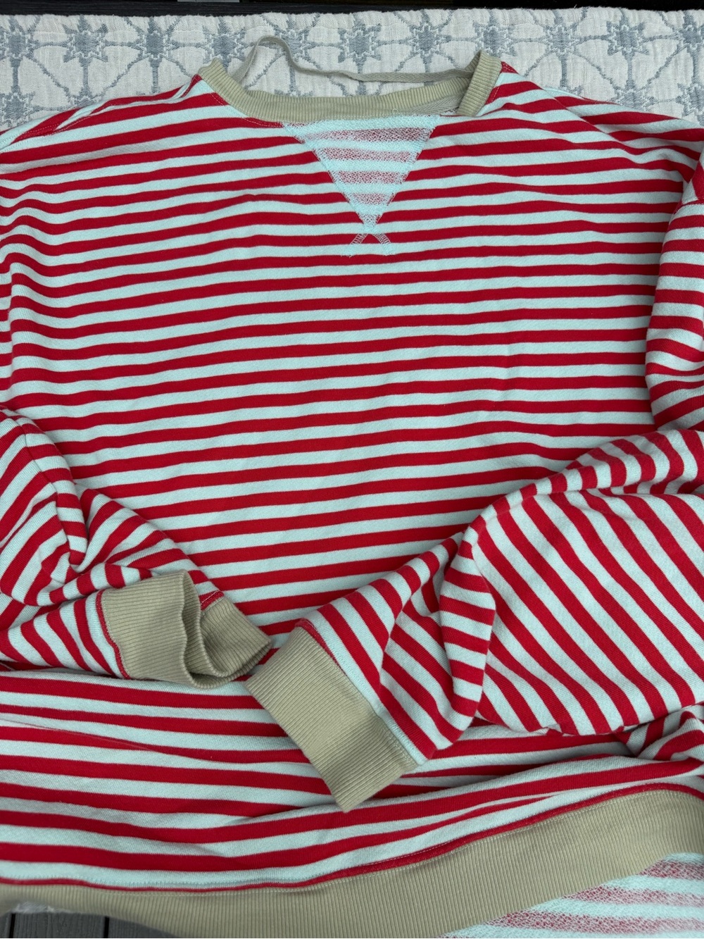 Free people size large Striped Red and soft mint Sweatshirt with Tan Trim